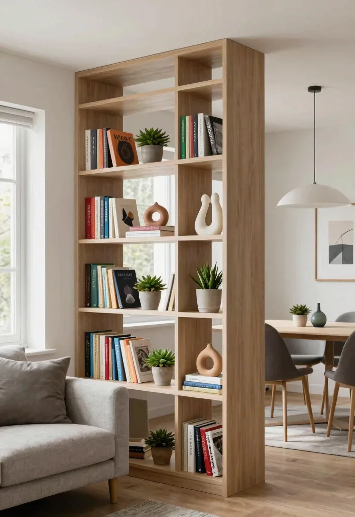 14 Living Dining Room Divider Ideas for Better Space Definition - 2. Open Shelving Units 1