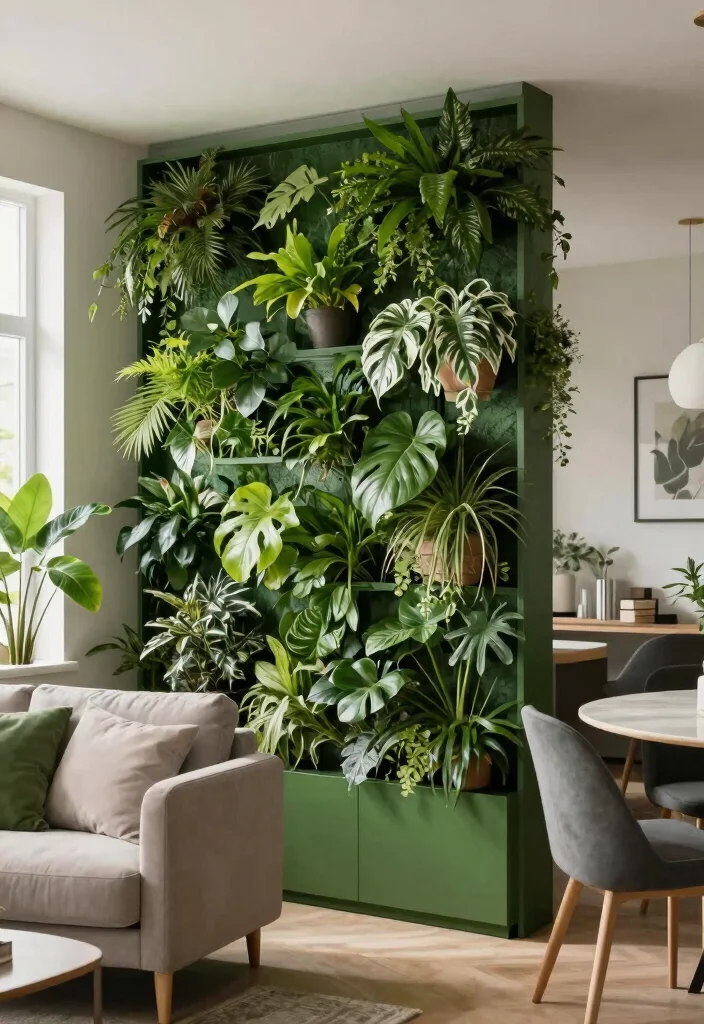 14 Living Dining Room Divider Ideas for Better Space Definition - 6. Green Wall Separators 1