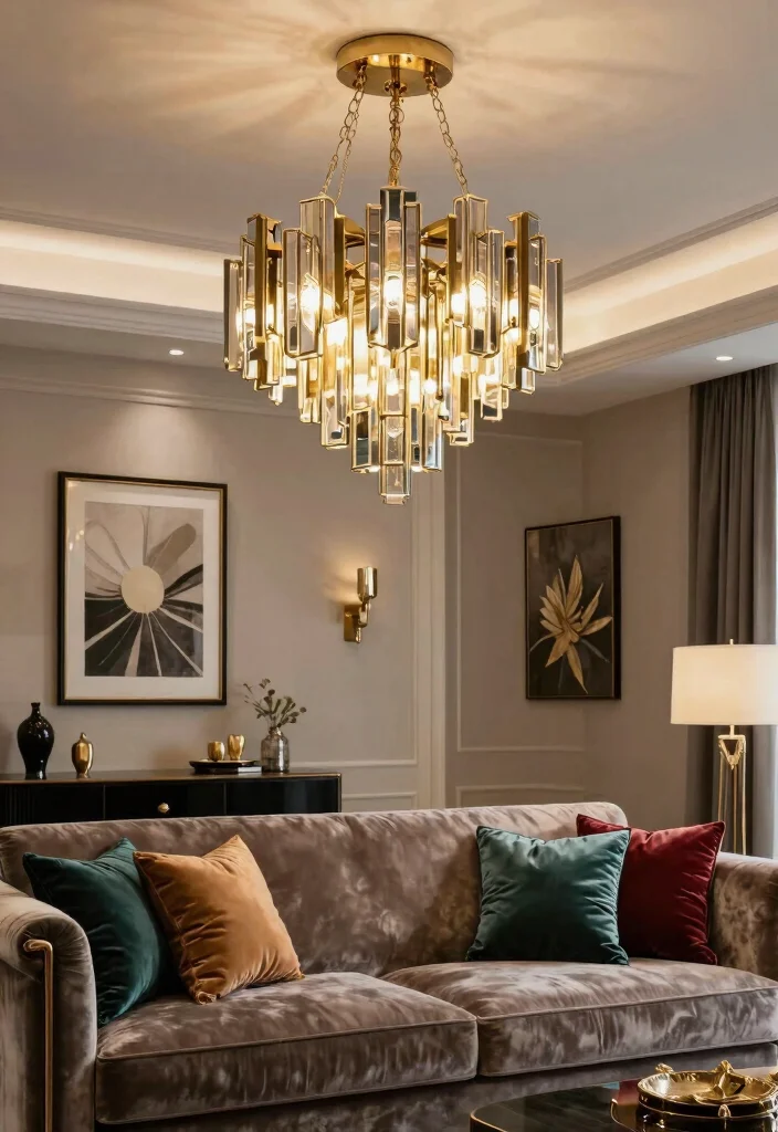 14 Living Room Ceiling Light Ideas for Better Mood and Function - 11. Art Deco-Inspired Lighting for Glamour 1