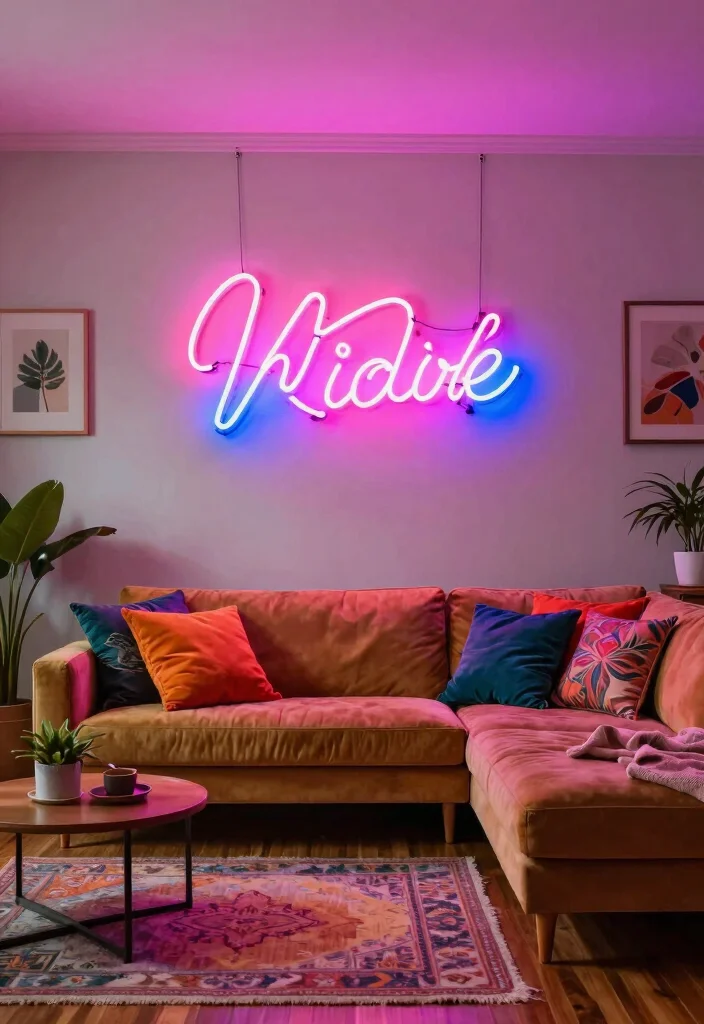 14 Living Room Ceiling Light Ideas for Better Mood and Function - 8. Retro Neon Lights for a Fun Twist 1