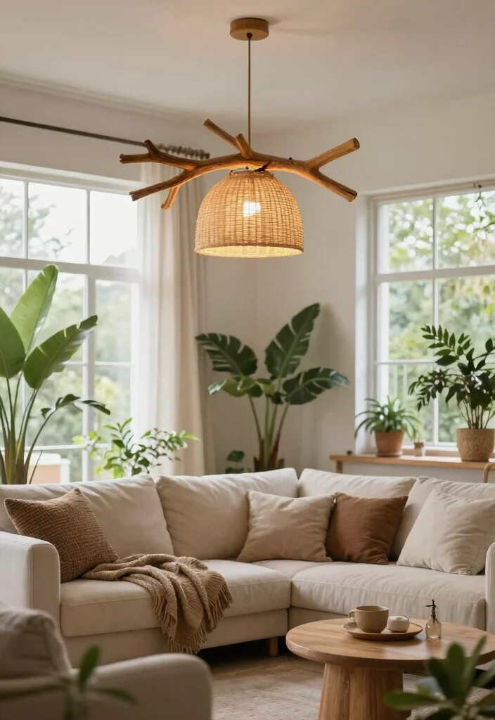 14 Living Room Ceiling Light Ideas for Better Mood and Function - 9. Nature-Inspired Lighting Fixtures 1