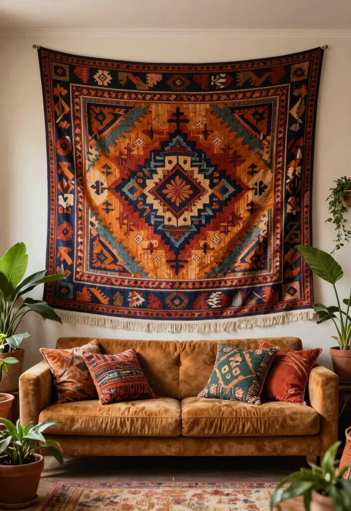 14 Living Room Wall Art Ideas to Transform Blank Spaces - 2. Textured Tapestries 1