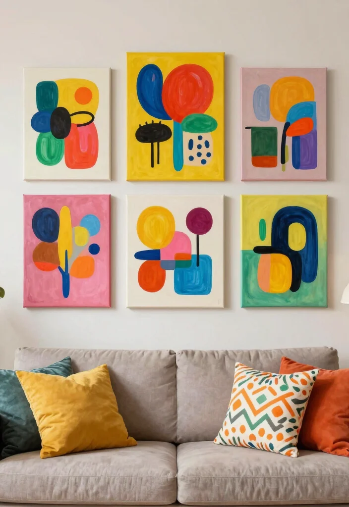 14 Living Room Wall Art Ideas to Transform Blank Spaces - 7. Colorful Canvas Art 1