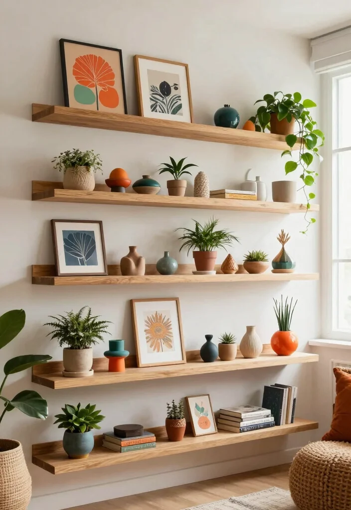 14 Living Room Wall Art Ideas to Transform Blank Spaces - 8. Floating Shelves with Art 1