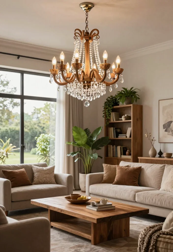 14 Luxury Chandelier Ideas to Elevate Your Living Room Ambiance - 1. Reclaimed Wood and Crystal Fusion 1