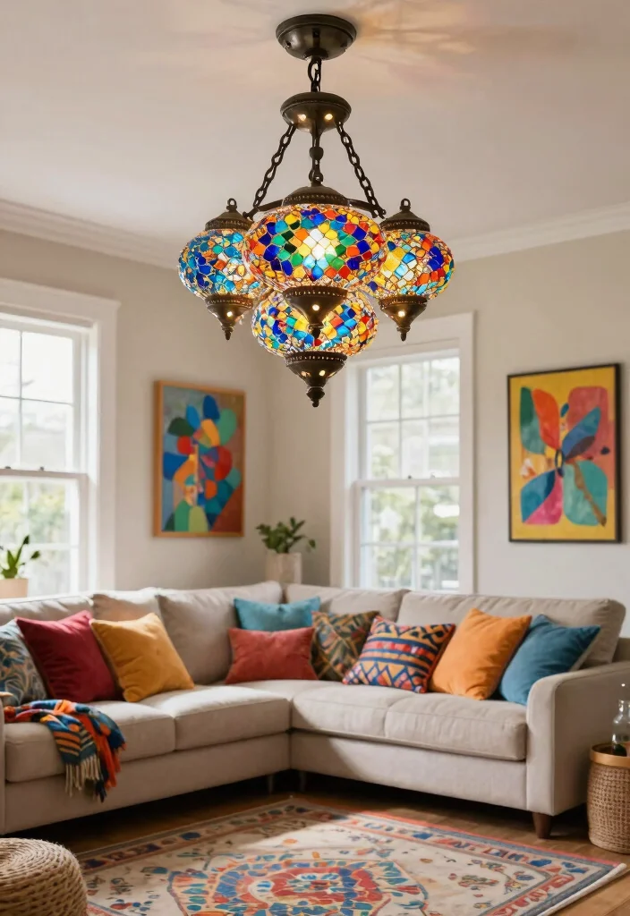 14 Luxury Chandelier Ideas to Elevate Your Living Room Ambiance - 10. Colorful Mosaic Chandelier 1
