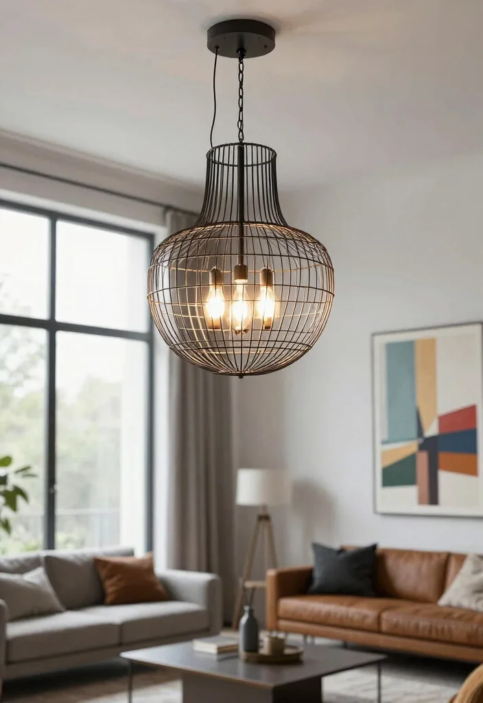 14 Luxury Chandelier Ideas to Elevate Your Living Room Ambiance - 12. Industrial Chic Wire Chandelier 1