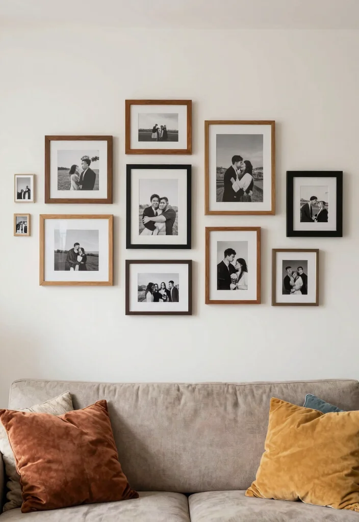15 Gallery Wall Ideas for a Stylish Personalized Living Room - 5. Art and Photos Combo 1