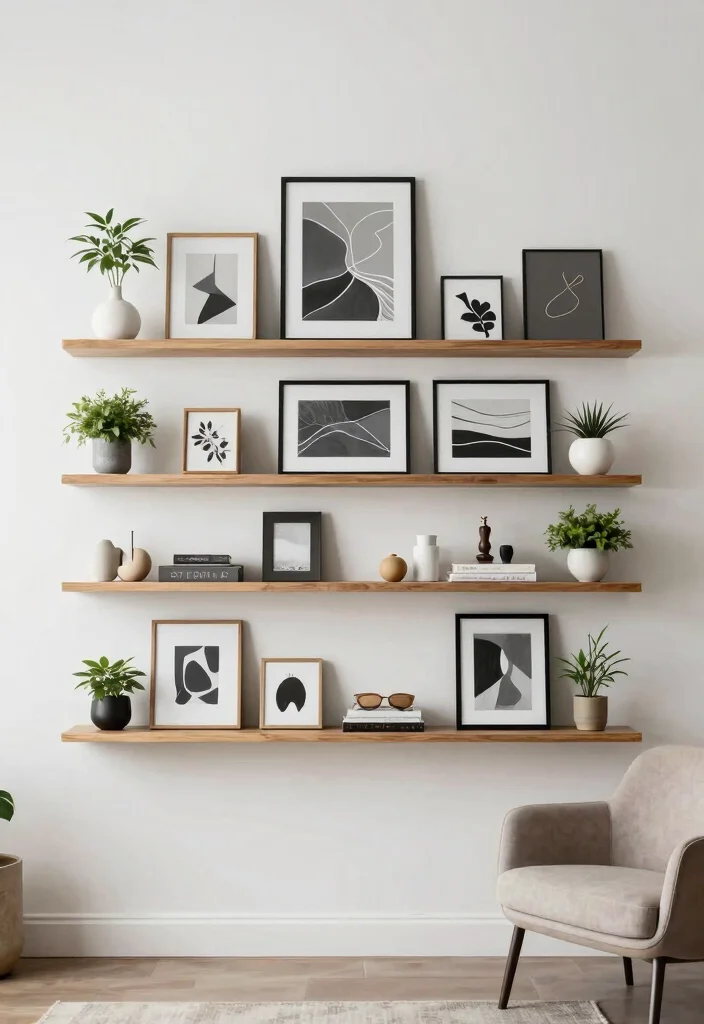 15 Gallery Wall Ideas for a Stylish Personalized Living Room - 7. Gallery Shelves 1