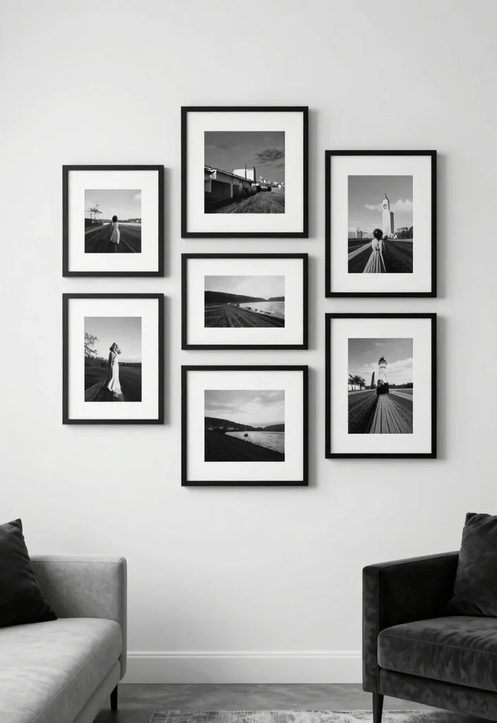 15 Gallery Wall Ideas for a Stylish Personalized Living Room - 9. Black and White Simplicity 1